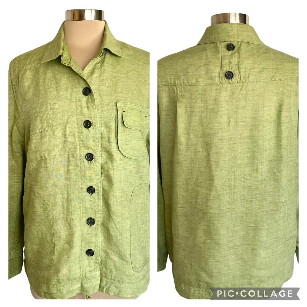 Coldwater Creek Chartreuse Lime Green 100% Linen Jacket Petite‎ LG Spring Casual